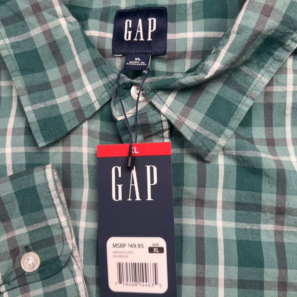 GAP Button Down Shirt Mens XL Green Plaid Long Sleeve Poplin Stretch New - Picture 4 of 9